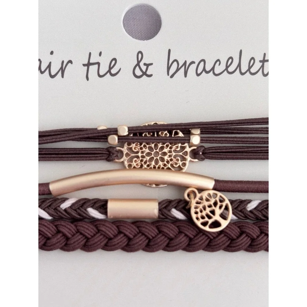 Boho Hair Tie Bracelet Set Brown Black Gold Tree of Life Mandala 2pk